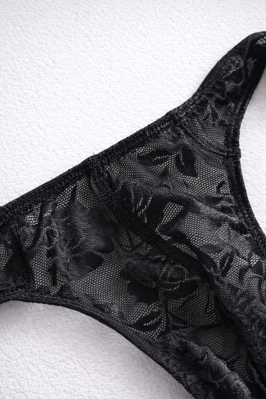 Veiled Floral Lace Thong - Black