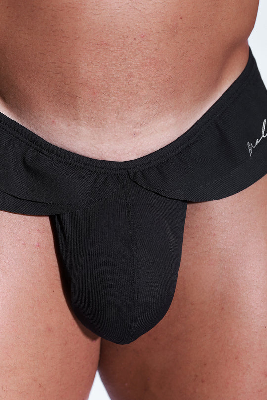 Ruffle-Trim Athletic Hybrid Swim Thong - Midnight Black