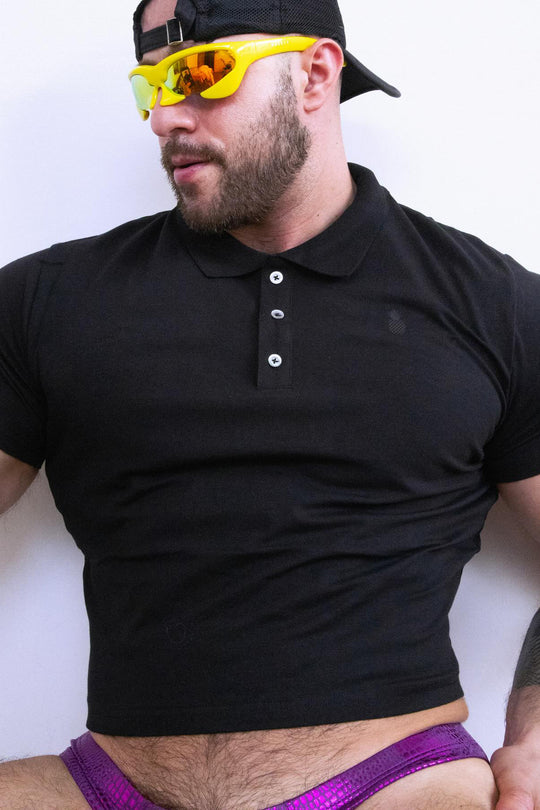 Fitted Polo Crop Top - Black